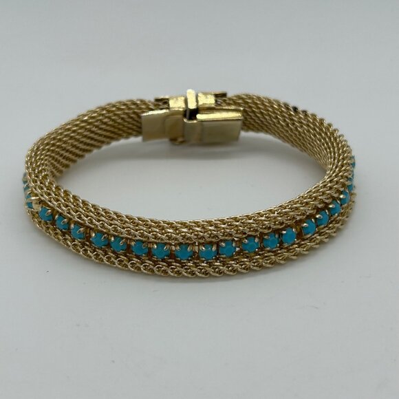 Vintage Gold-Tone Mesh Bracelet Faux Turquoise Stones Secure Clasp 1970s - Picture 2 of 16